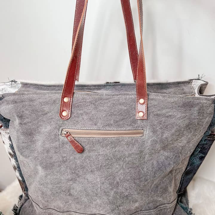 The Sterling Gypsy - Wholesale Weekender Bag - Women's - Western Cowhide & Tooled Leather Weekender Tote Bag Travel Custom Branded Farm Brand Cow Brand Initials Cow Print