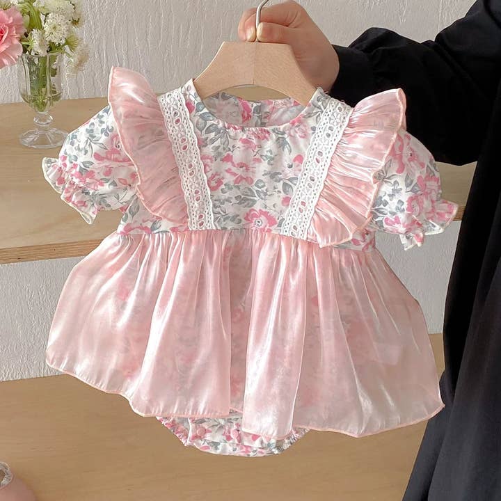 Summer Arrival Baby Girls Color Patchwork Floral Short Sleeves Tulle bodysuit Dress for wholesale by MyKids-USA®