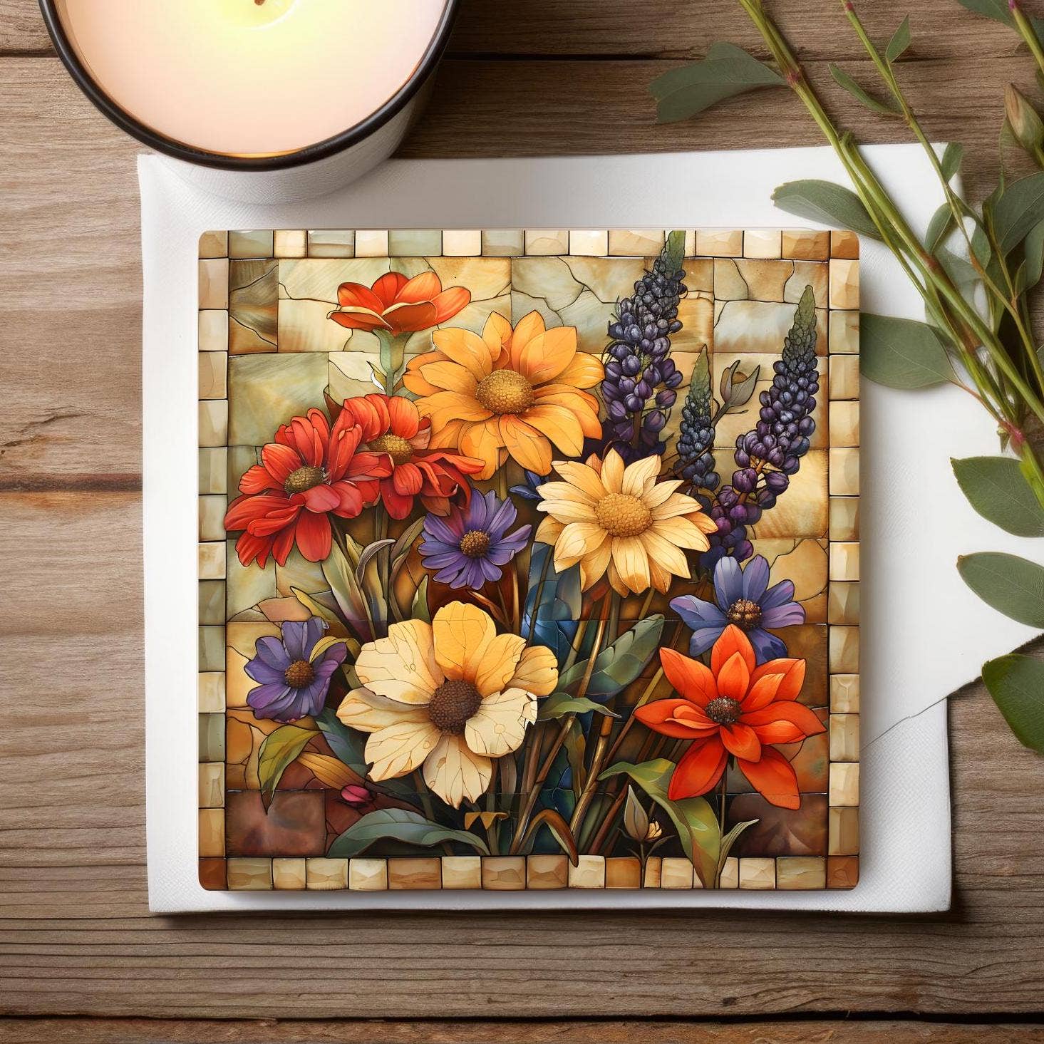 Fernville Creations - Wholesale Coasters - Floral Mosaic Ceramic Coaster with Tile Art Decor3