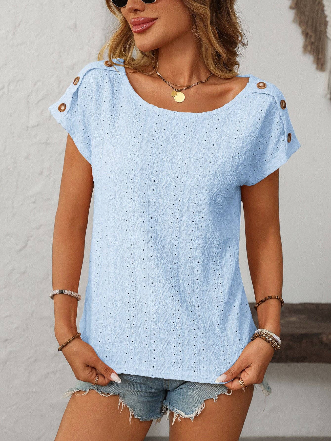 Lovesoft - Wholesale Blouse - Women's - Solid Crewneck Button Short-sleeved Cut-out Top10