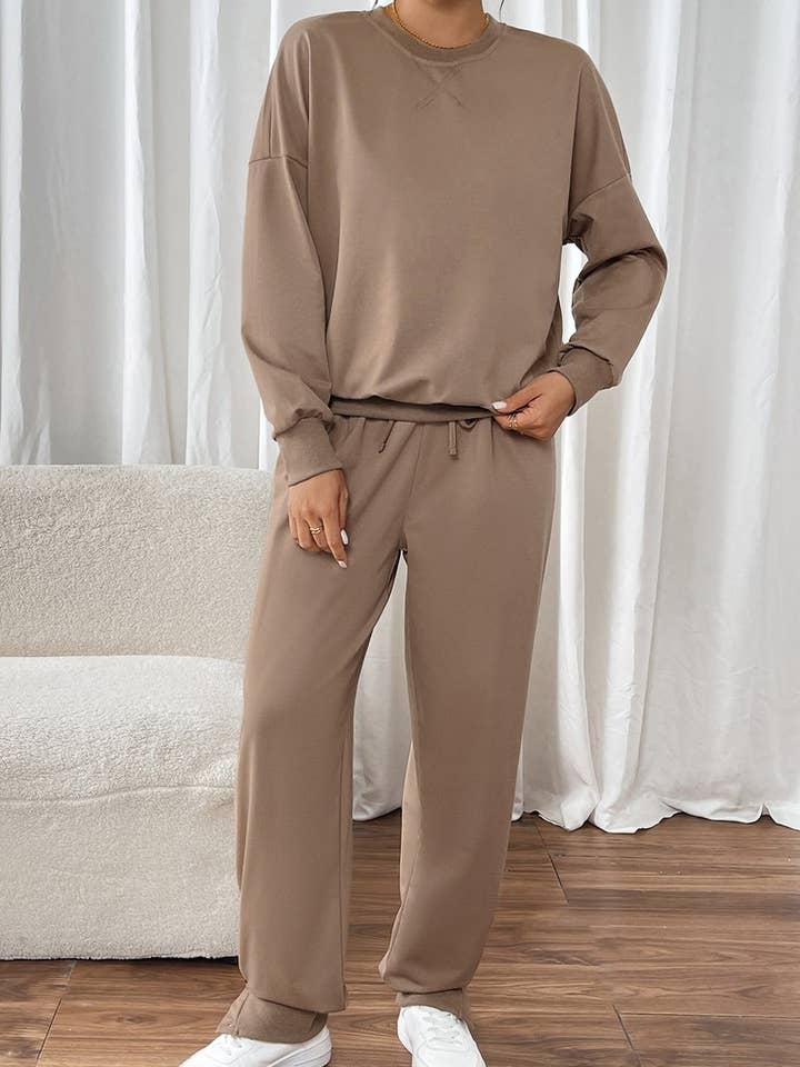 BROWN CWSTB1174_SOLID COLOR ROUND NECK CASUAL SWEATSHIRT SUIT for wholesale on Faire