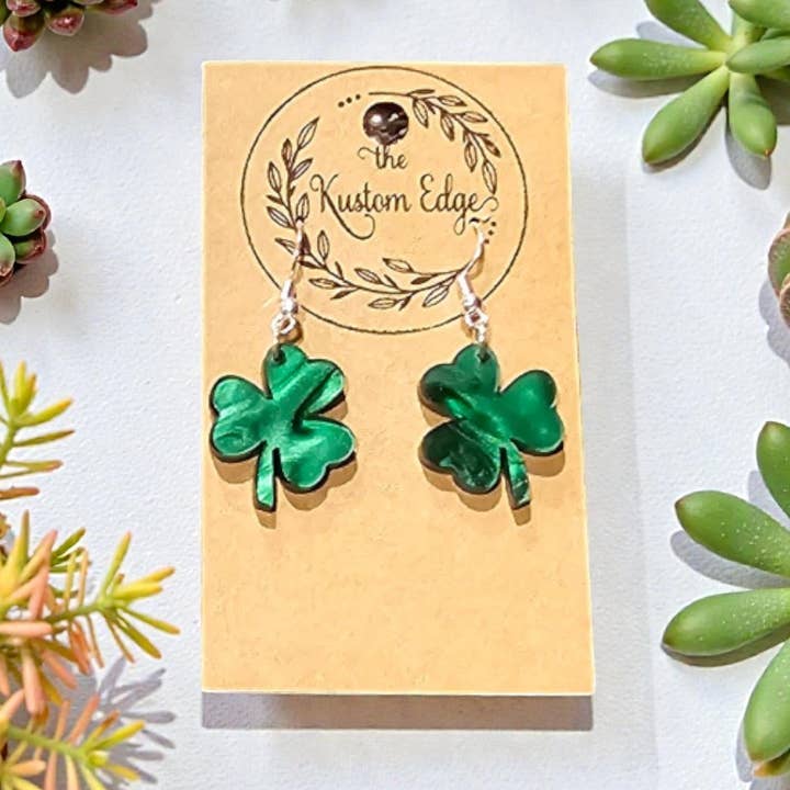 Shamrock Clover Green Acrylic Dangle Earrings - Handmade for wholesale by The Kustom Edge