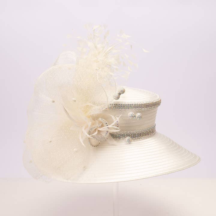 CRIN Mesh Feather Bow and Crystal Ball on Satin HAT | AJ824Y for wholesale by KaKyCo