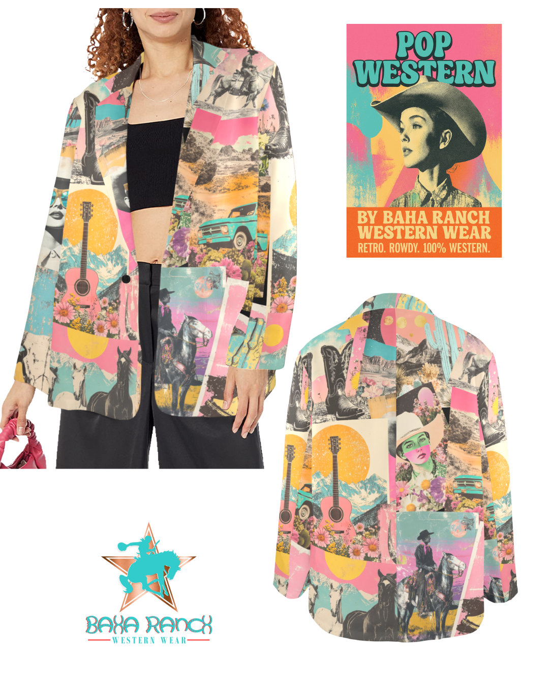 BAHA RANCH WESTERN WEAR - Wholesale Blazer - Women's - Baha Ranch Retro Pop Western Collage Blazer10