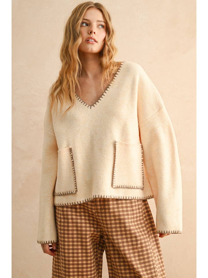 MIOU MUSE - Wholesale Knit Sweater - Women's - T4041 STITCH DETAILED V-NECK SWEATER TOP5