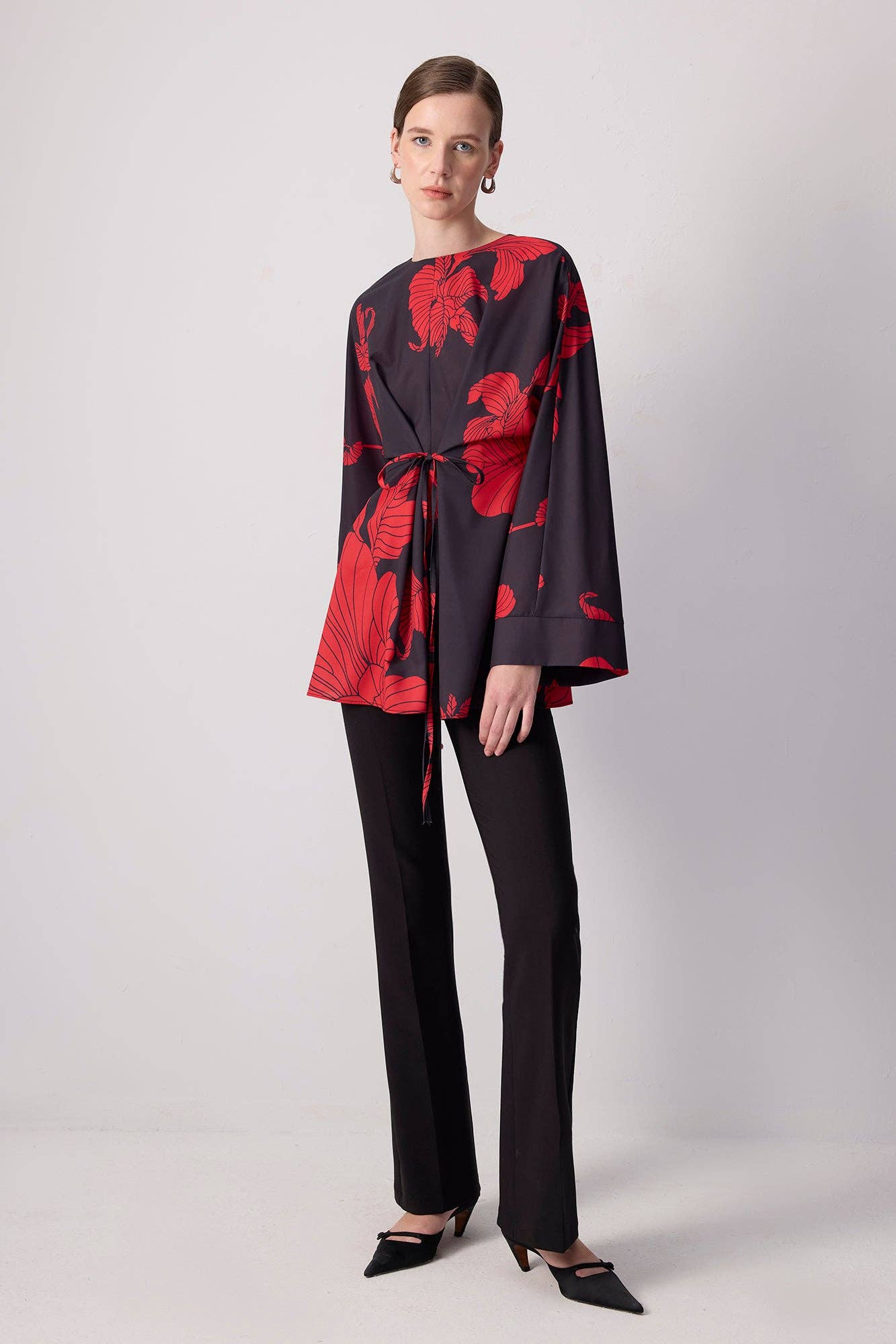 Black Red Floral Kimono Sleeve Tunic with Waist Tie for wholesale on Faire0