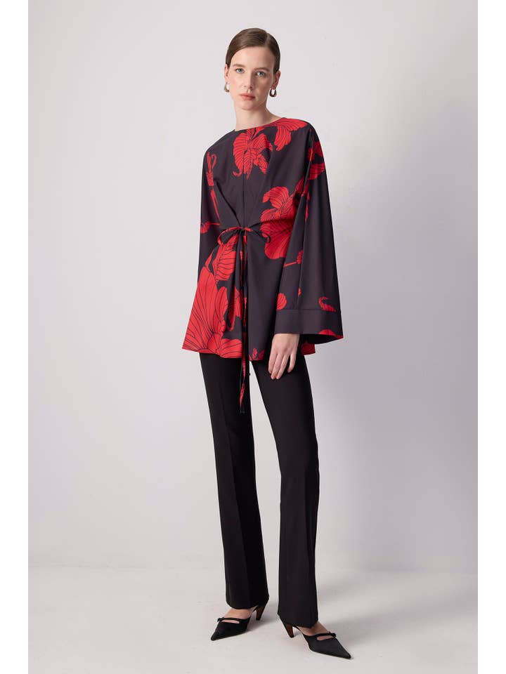Black Red Floral Kimono Sleeve Tunic with Waist Tie for wholesale on Faire