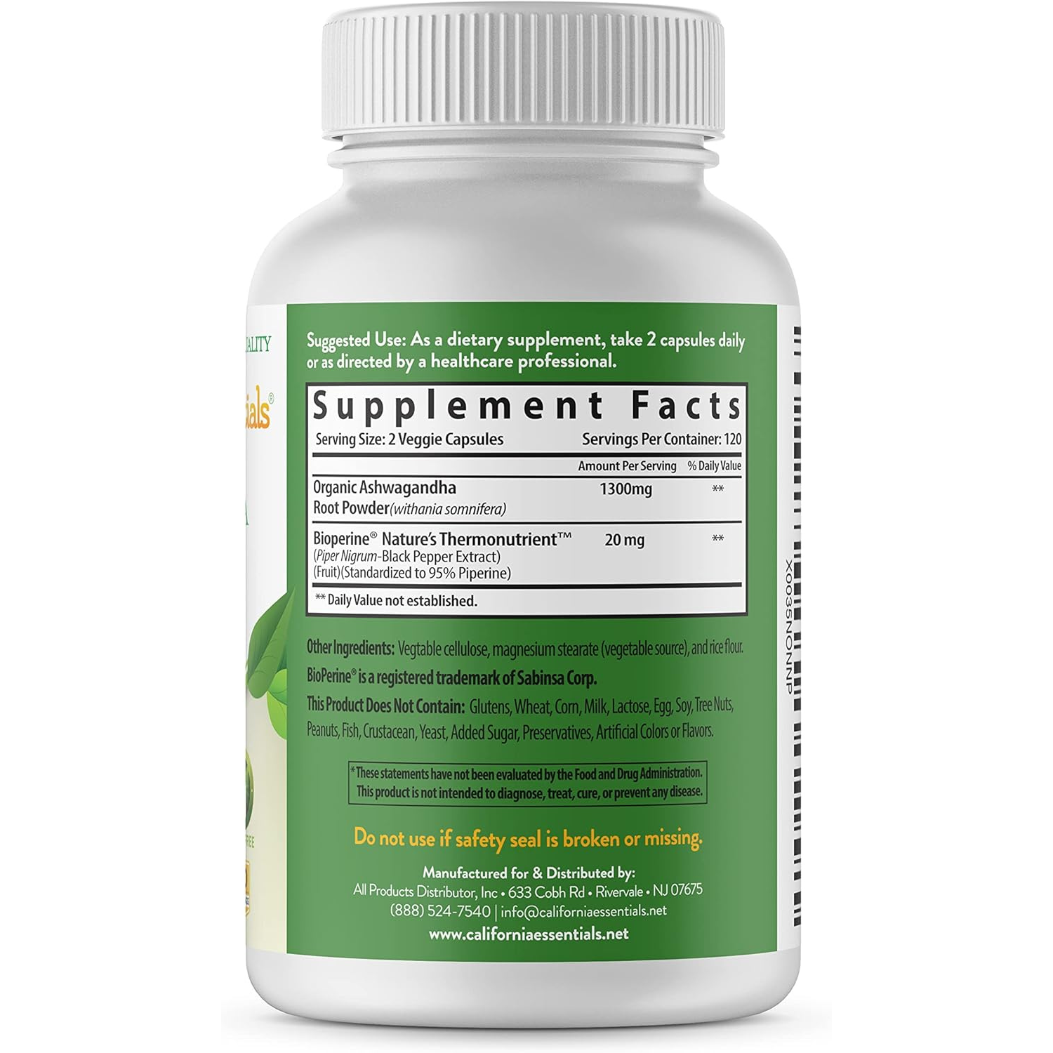 California Essentials - Vendita all'ingrosso Vitamine/integratori orali - Integratore di Ashwagandha Biologica (1300 mg) - Polvere di Radice8