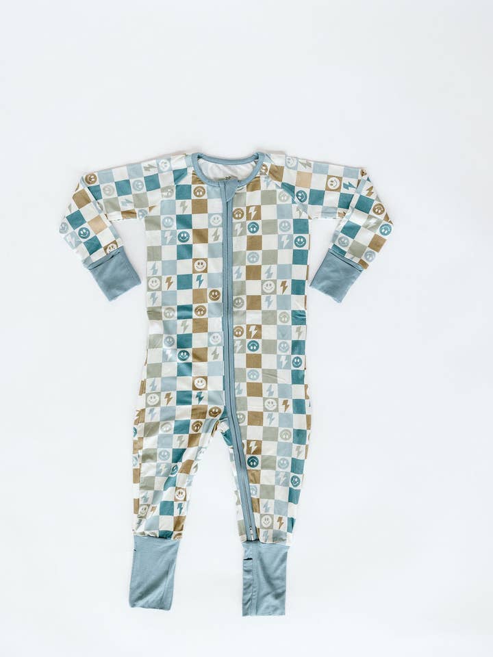 Blue Retro Checkered Zipper Romper for wholesale by kinderlein