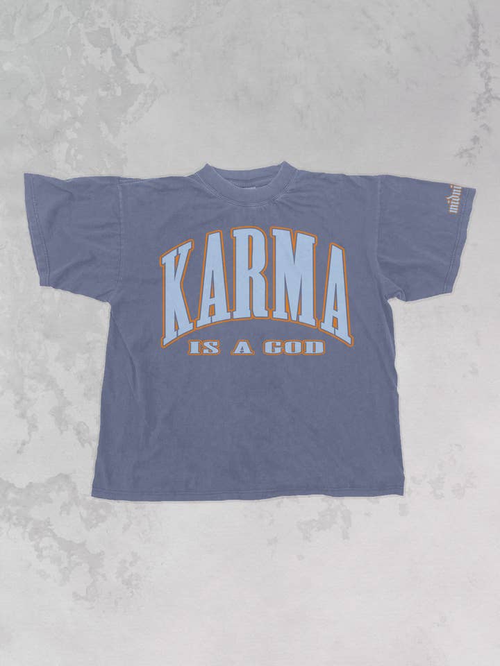 The Clandestine Underground - Wholesale Screen Printed T-Shirt - Unisex - Karma Is A God Oversized Graphic T-Shirt (Blue/Orange)