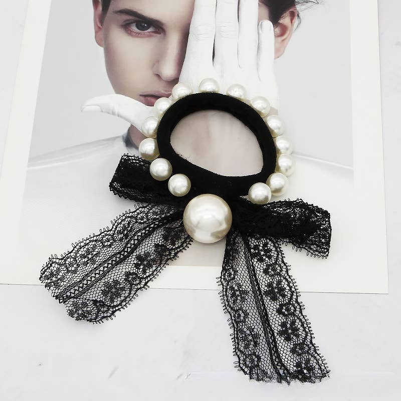 ACCITY - Wholesale Scrunchie - Women's - Pearl Lace Houndstooth Bow Hair Tie_CWAHA080493