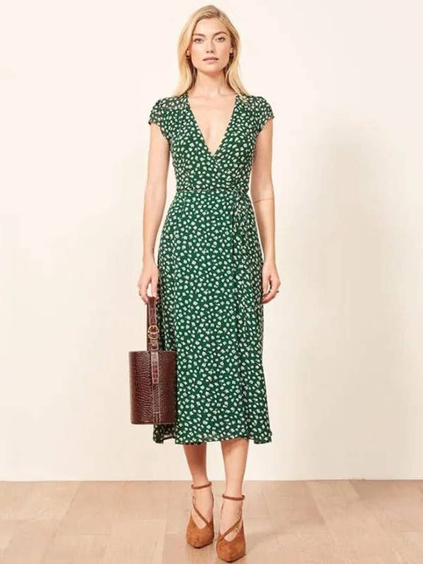 V-Neck Hem Slit Green Dress for wholesale by VividLux