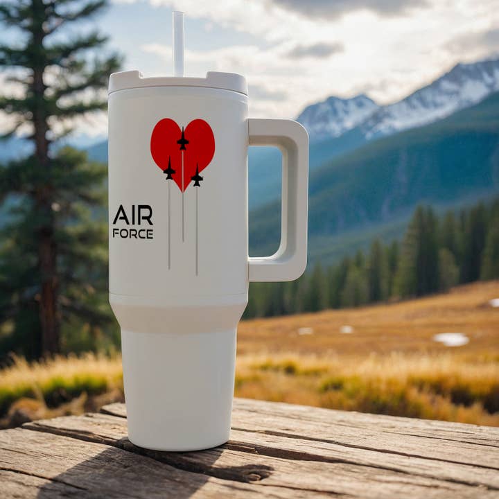3dRose - Wholesale Insulated Mug/Tumbler - 3dRose, Red heart, three fighter planes, contrails. Text Air Force on white, Tumbler8