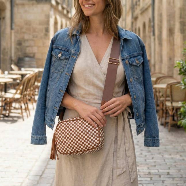 Woven Top Zip Camera Shoulder Crossbody Bag for wholesale by Hatzzi