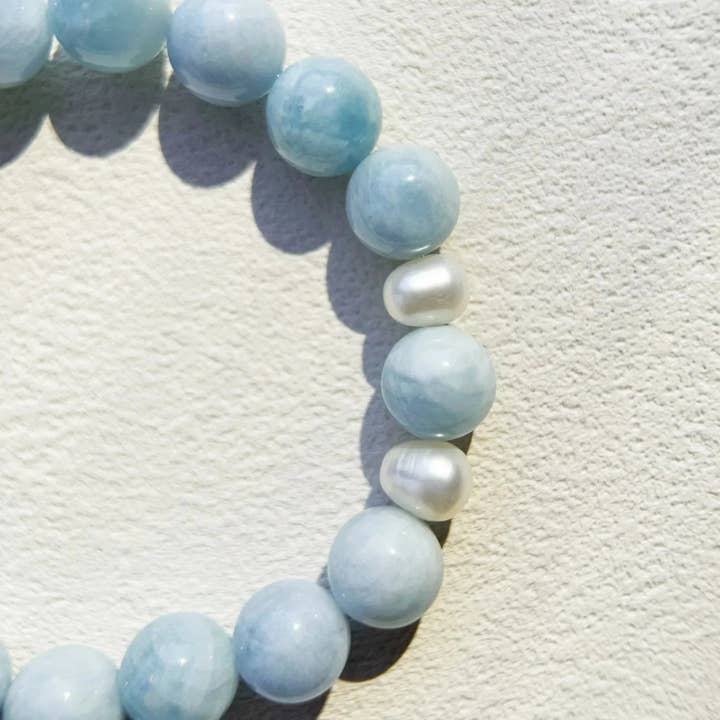 Amaré - Wholesale Prayer Beads Bracelet - Aquamarine Bracelet & Pearl, 10mm Beaded Gemstone Bracelet1
