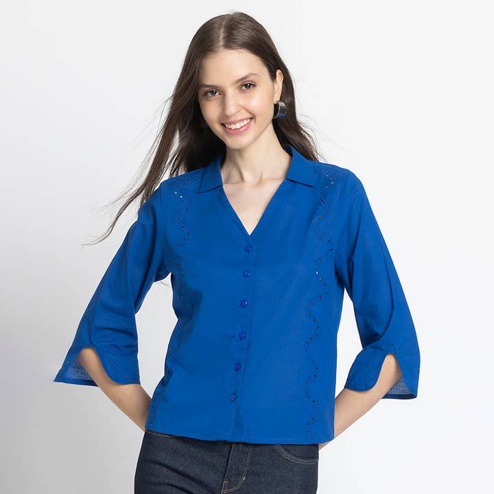 Stylish Cobalt Blue V-Neck Shirts For Women for wholesale by Benares