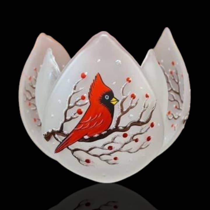Glass by Iness - Wholesale Candle Holder - Frosted Glass Lotus Blossom Candle Holder - Red Cardinals0