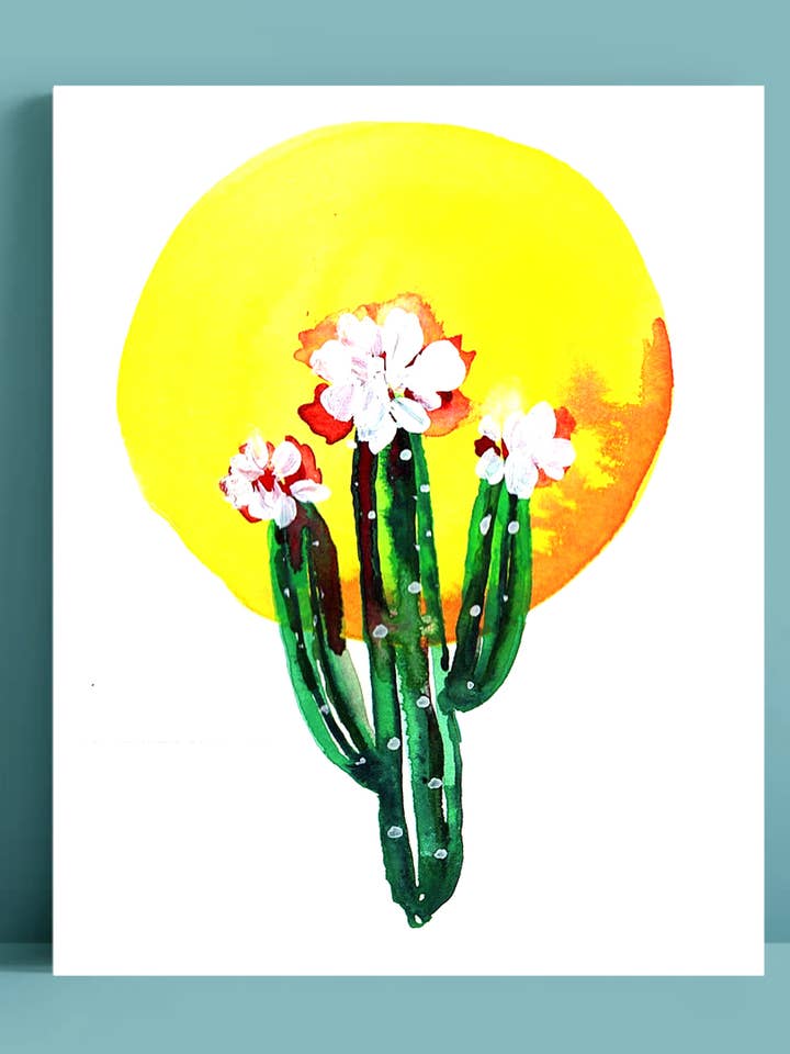 Impression artistique aquarelle de cactus saguaro et bulles dans le désert pour la vente par Pink Puddle Studio
