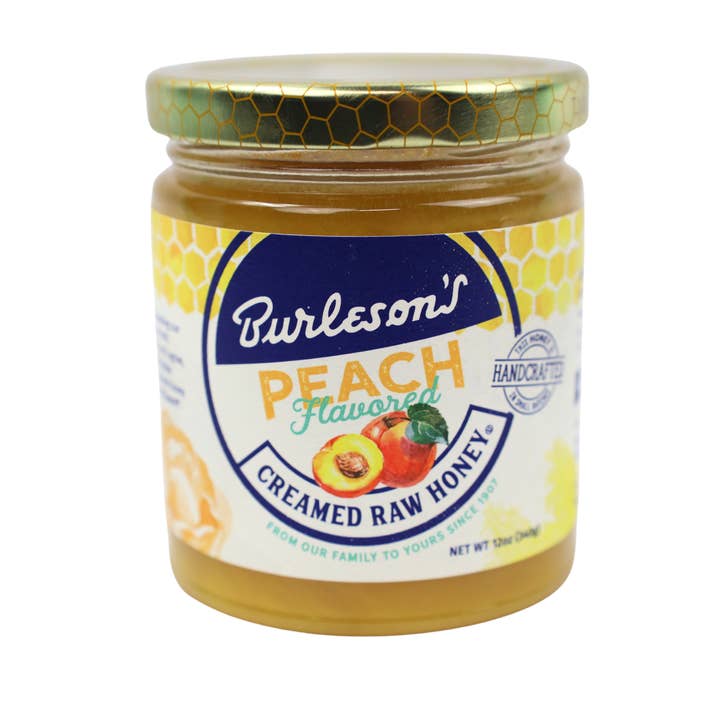Burleson's Peach Flavored Creamed Raw Honey, 12 Oz (Pack of 12) for wholesale by Burleson’s Honey