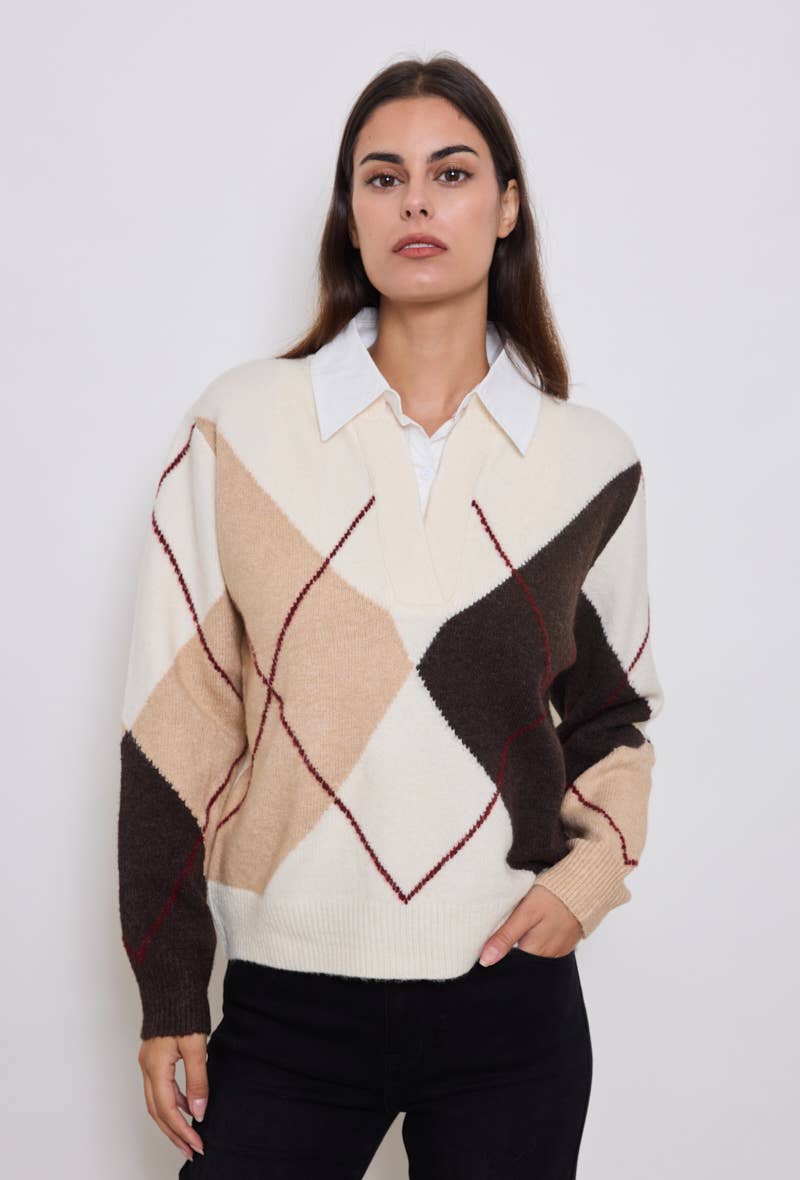 KY CREATION PARIS – wholesale Knitted jumper – Women′s – Diamond-patterned sweater with integrated shirt collar0