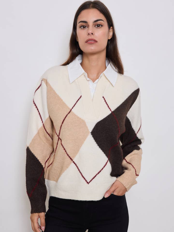 KY CREATION PARIS – wholesale Knitted jumper – Women′s – Diamond-patterned sweater with integrated shirt collar