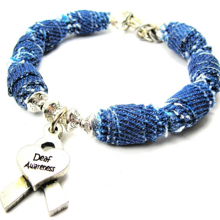 Deaf Awareness Ribbon Blue Jean Beaded Toggle Bracelet ASL for wholesale by Chubby Chico Charms