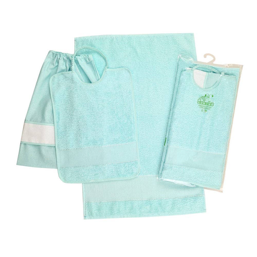 Almatex srl - Vente Ensembles de serviettes - Ensemble 3 pièces RICAMA TU : serviette+bavoir avec bande élastique+sac avec bande brodée1