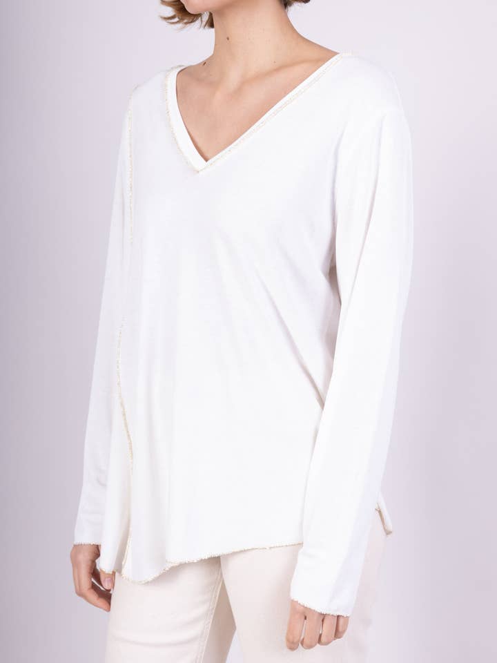 L'Emotion - Wholesale T-Shirt - Women's - Asymmetric Gold Thread Long Sleeve V-Neck T-Shirt 2