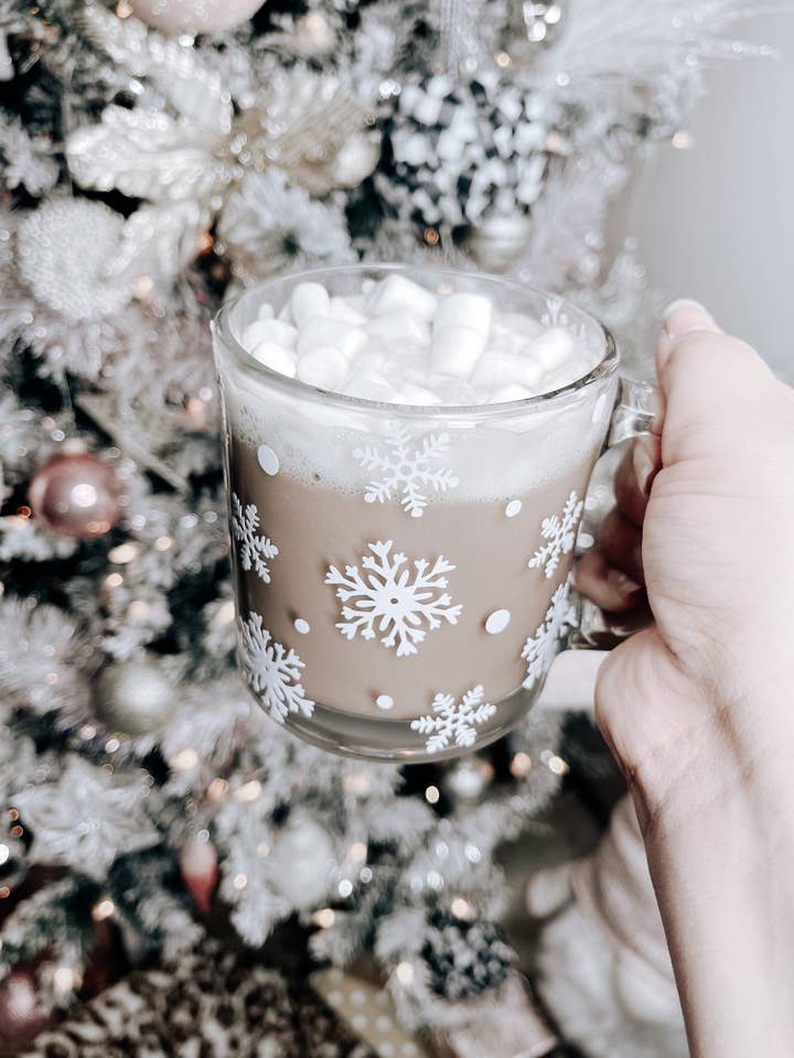 Snowflake Glass Mug, Holiday Glass Mug, Christmas Glass Mug for wholesale by Designs by Jessi Rose