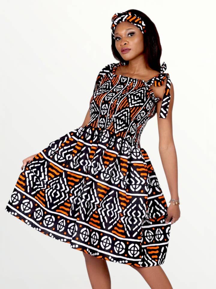 Buis Smock Volant Jurk/Schouderbandjes/Afrikaanse Anarka Print voor wholesale door India Batik