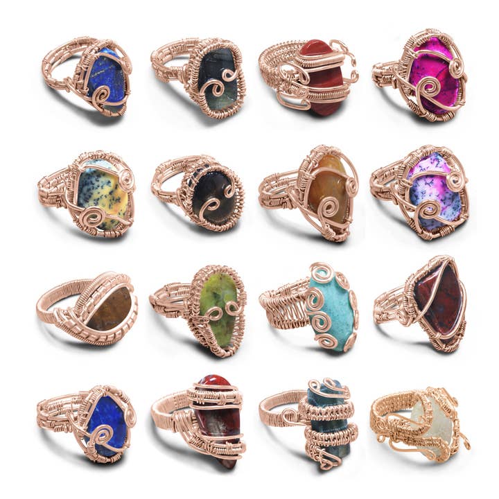 Drahtgewickelte Edelsteinringe – Kupfer, Gold, Silber & Schwarzes Rhodium | Handgefertigt | Großhandelspakete für den Großhandel von Handmade Jewels