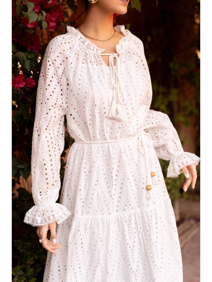 Attentif Paris - Wholesale Dress - Women's - Long cotton dress in broderie anglaise with a tie collar4