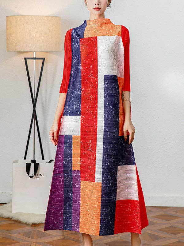 Casual Three-Quarter Sleeves Loose Contrast Color Pleated Stand Collar Midi Dresses for wholesale by VividLux