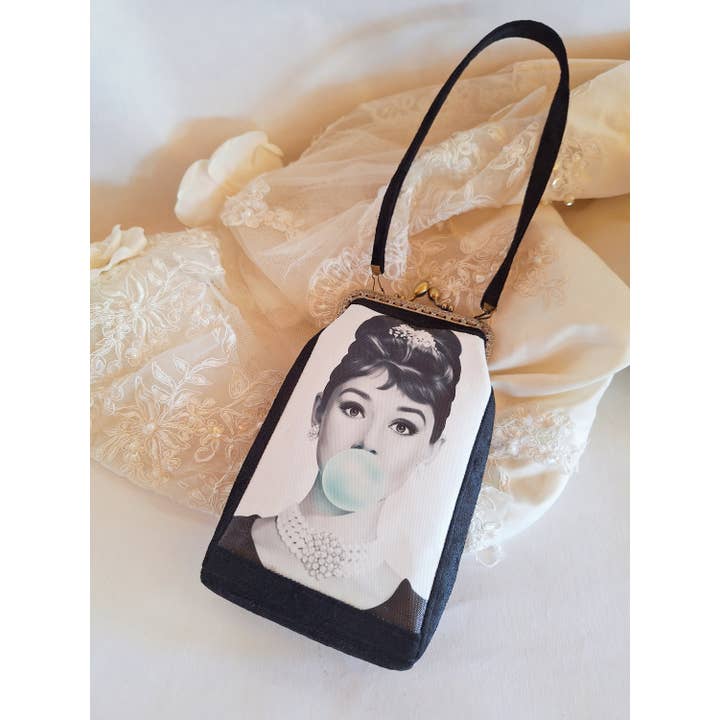 LeisTextileStudio - Wholesale Clutch Bag - Women's - Audrey Hepburn Bubblegum Velvet Phone Clutch Handbag3