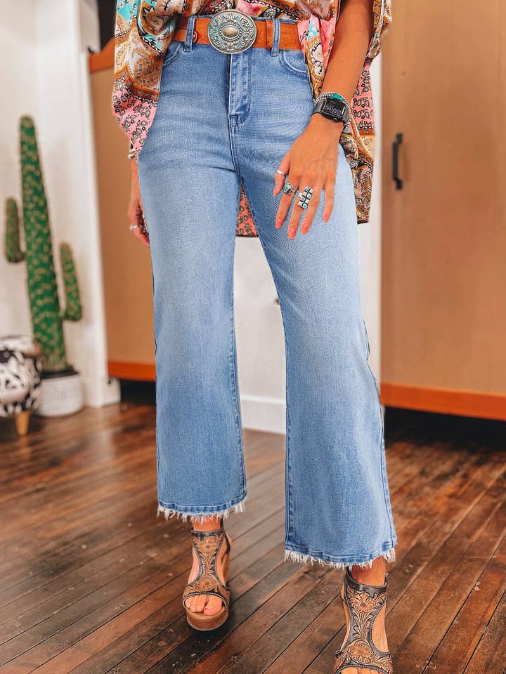 Lovesoft - Wholesale Jeans – Women’s - Sail Blue Mineral Wash Raw Hem High Waist Flared Jeans2