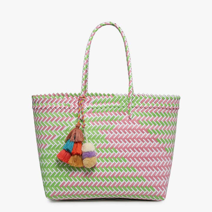 Jen & Co. - Wholesale Tote Bag - Women's - *SALE* M2068AW Shelby Large Handwoven Tote w/ Pom-Poms