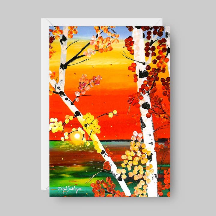 CARTE DE VŒUX Imprimée à partir de la Peinture Acrylique Originale "Golden Birch" Intérieur vierge, 5"X7" pour la vente par Toronto Art Gallery