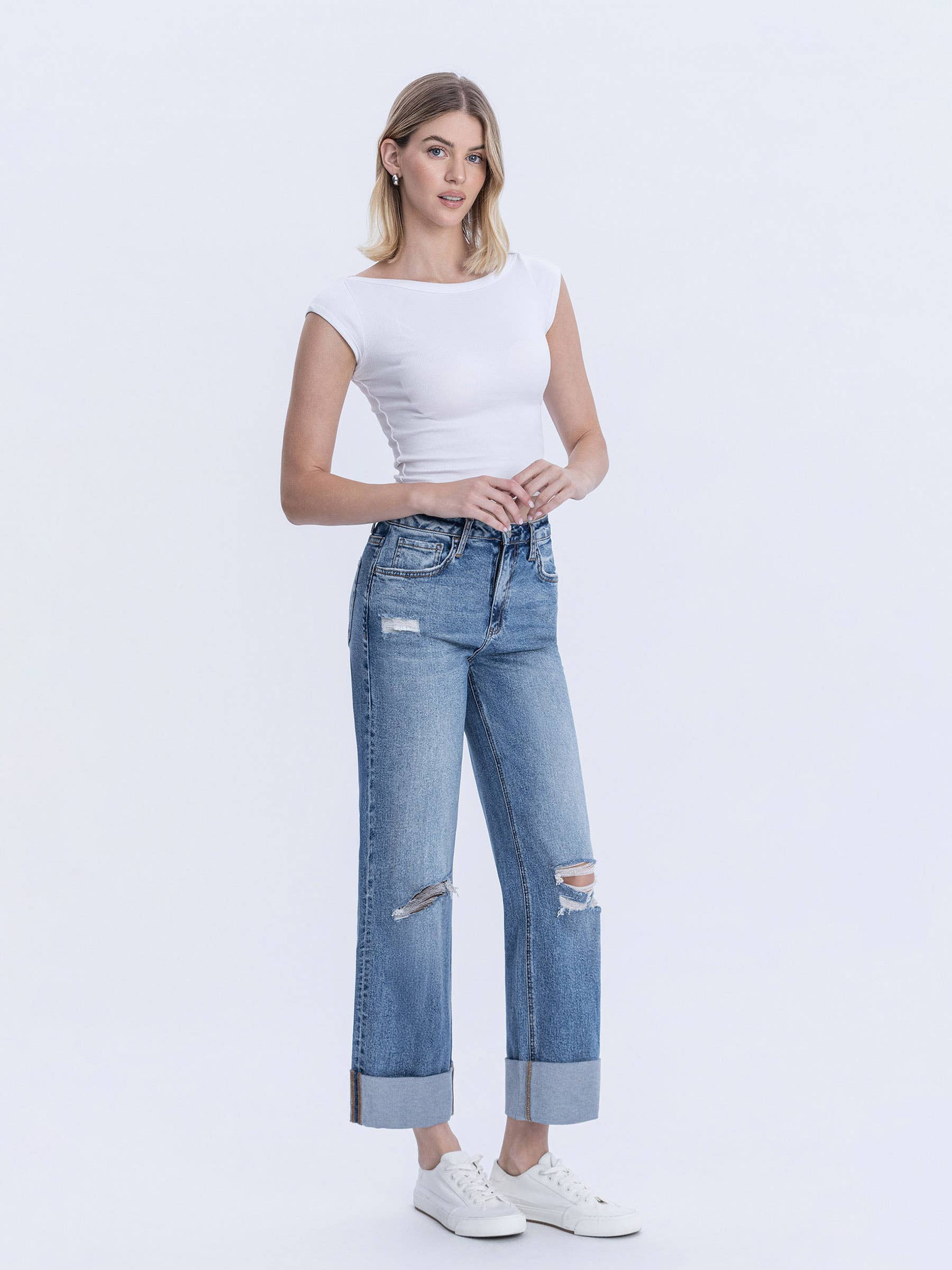 ROSY SUPER HIGH RISE DOUBLE CUFFED BAGGY WIDE JEANS LV1459 for wholesale on Faire6