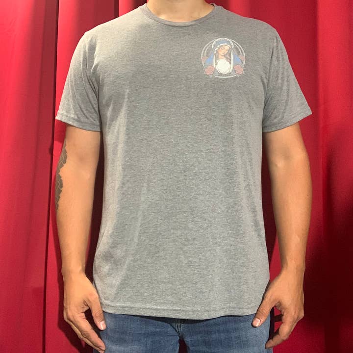 Cross, Flowers, & Blessed Virgin Mary American Traditional Triblend Unisex Crewneck T-shirt for wholesale by Los Angeles Mercantile™