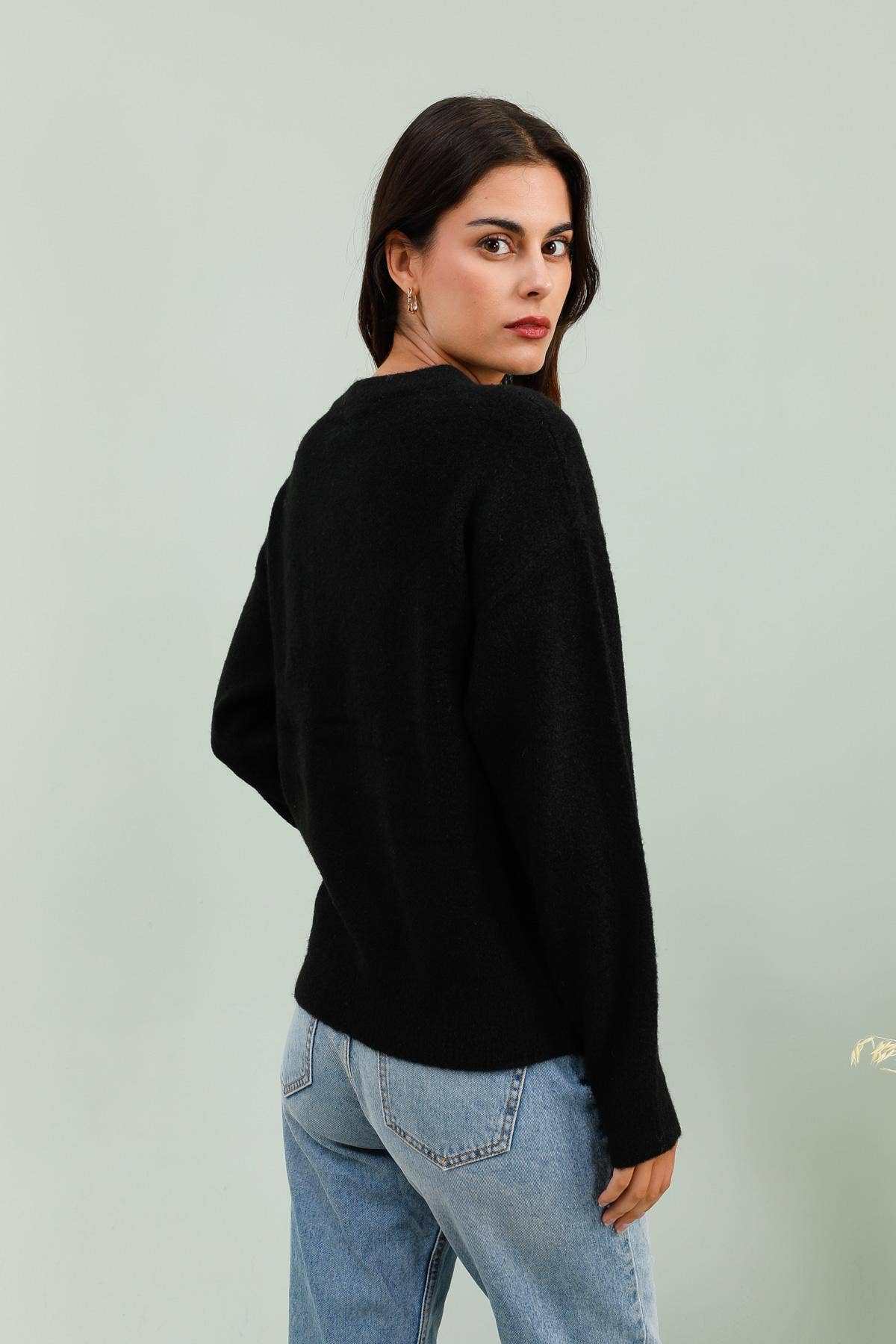 MOOYA – Großhandel Strickpullover – Damen – Einfarbiger Strickpullover mit Rundhalsausschnitt und Teddybär-Detail SCF0027