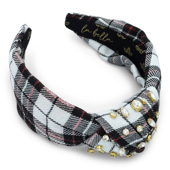 Crystal Dipped Ivory & Red Plaid Headband for wholesale by La Bella