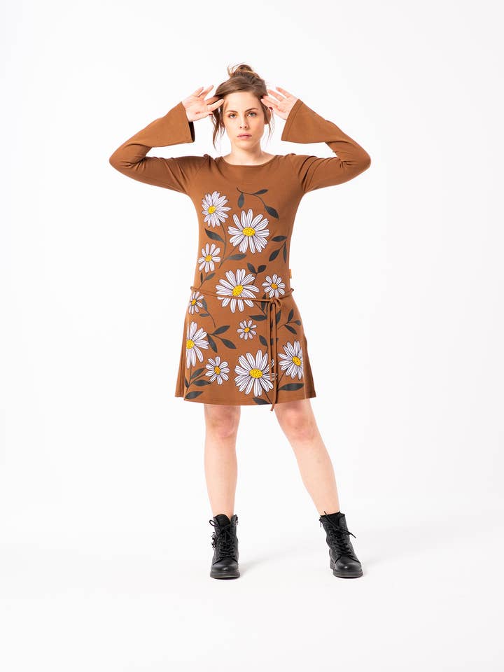 Brown flared sleeve dress. Pastel Dress for wholesale by Mamatayoe