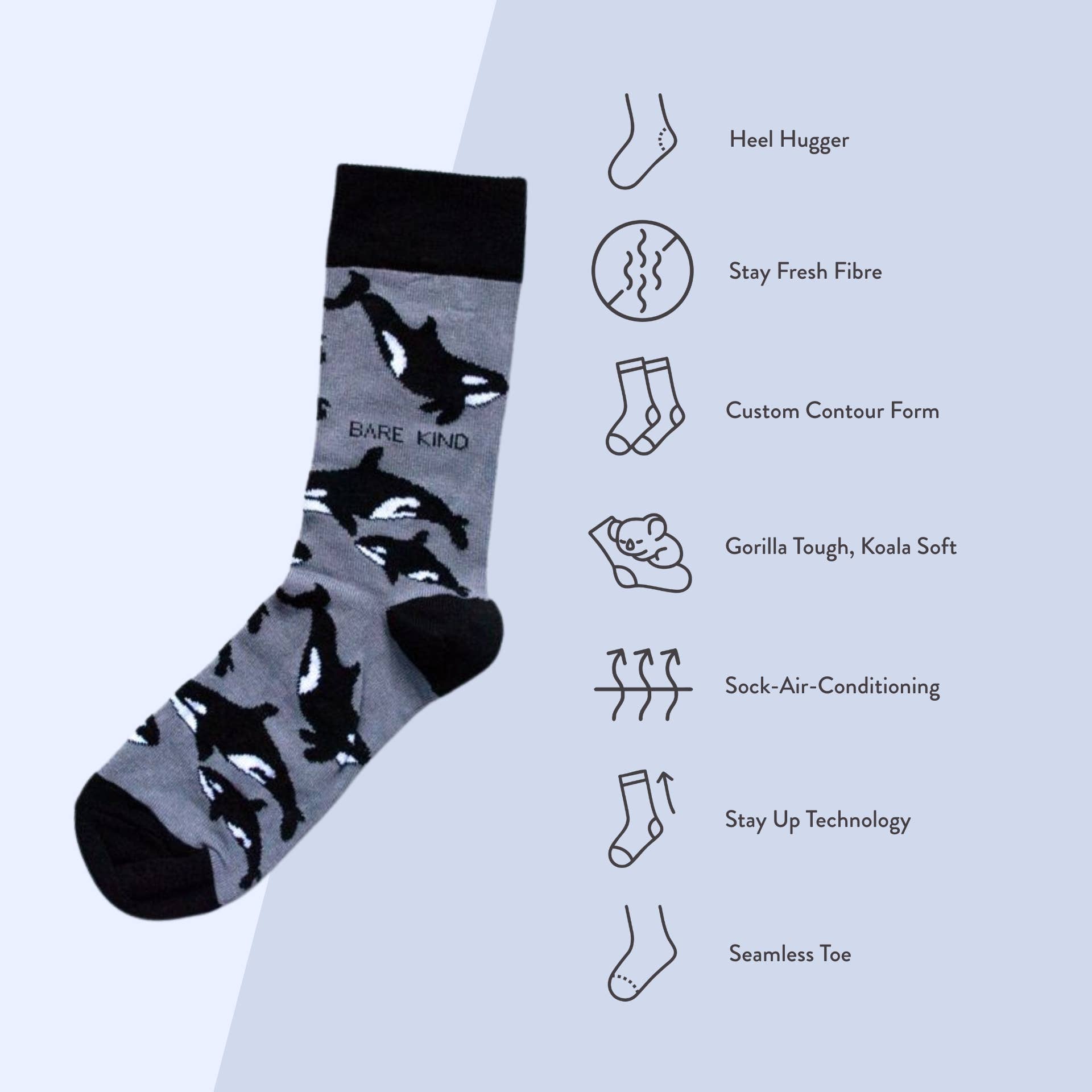 Bare Kind Socks – Großhandel Socken - Unisex – Orca-Socken | Bambussocken | Graue Socken | Ozeansocken6