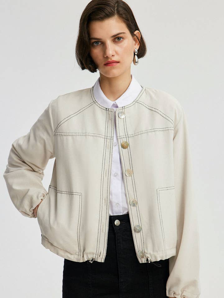 Stone LINEN BLEND JACKET WITH CONTRAST STITCHING for wholesale on Faire