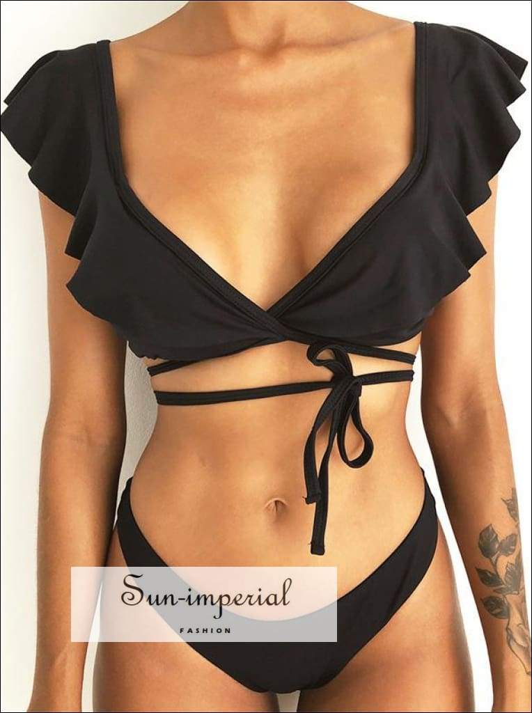 Sun Imperial – Biquíni - Mulher por atacado – Conjunto de biquíni boho vintage com estampa tribal e detalhe de babado12