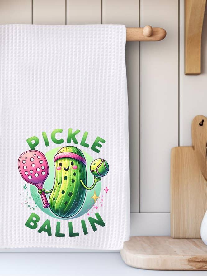 Funny Pickle Playing Pickleball Microfiber Kitchen Towel for wholesale by Saints Place Designs
