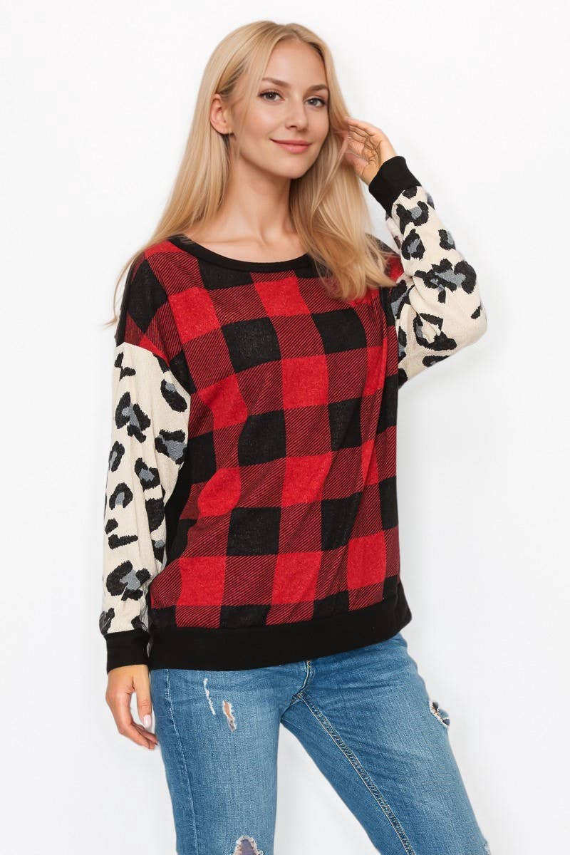 Röd 10599L195 Rutig med djurmotiv Långärmad topp för wholesale på Faire4