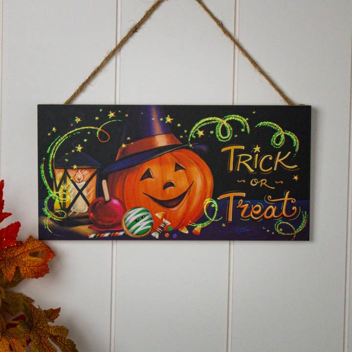 Trick or Treat Wooden Sign with Rope Hanger for wholesale by Glow Decor