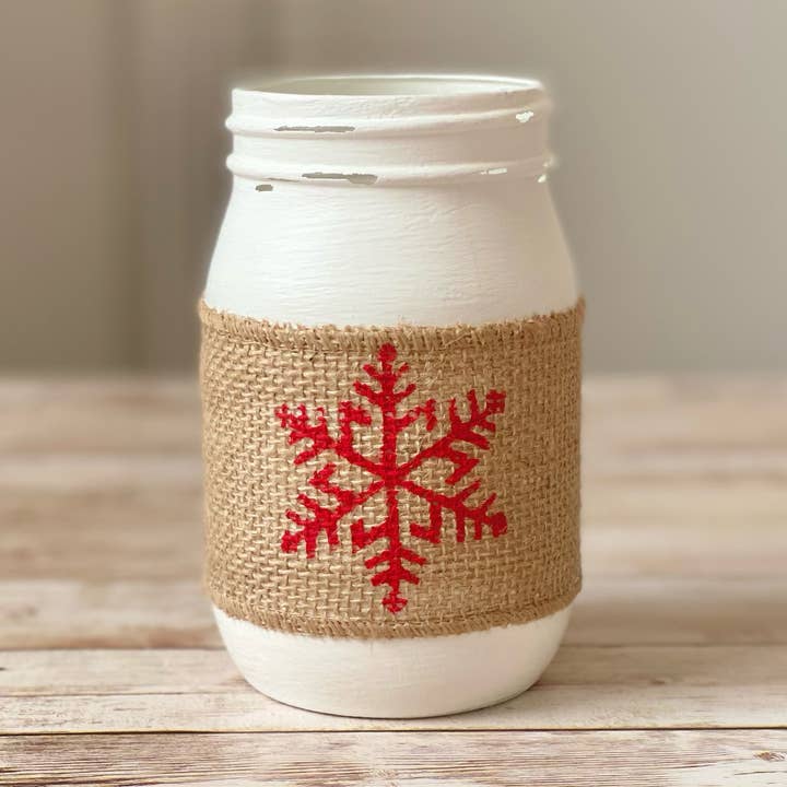 Vaso natalizio barattolo singolo con fiocco di neve rosso per la vendita all'ingrosso da parte di Jarful House