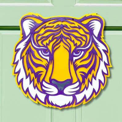 Geaux Magnolia - Wholesale Door Hanger - Tiger Head Door Hanger Purple & Gold LSU Louisiana Wall Art0